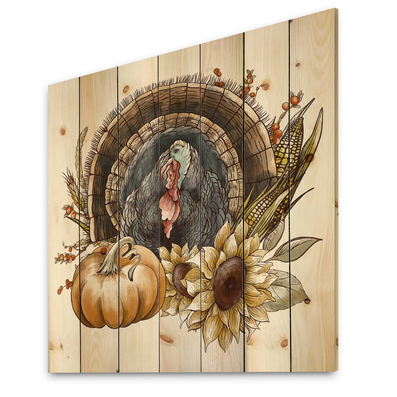 Designart - Thanksgiving Vintage Turkey Sunflowers and Pumpkin - Farmhouse Print on Natural Pine Wood